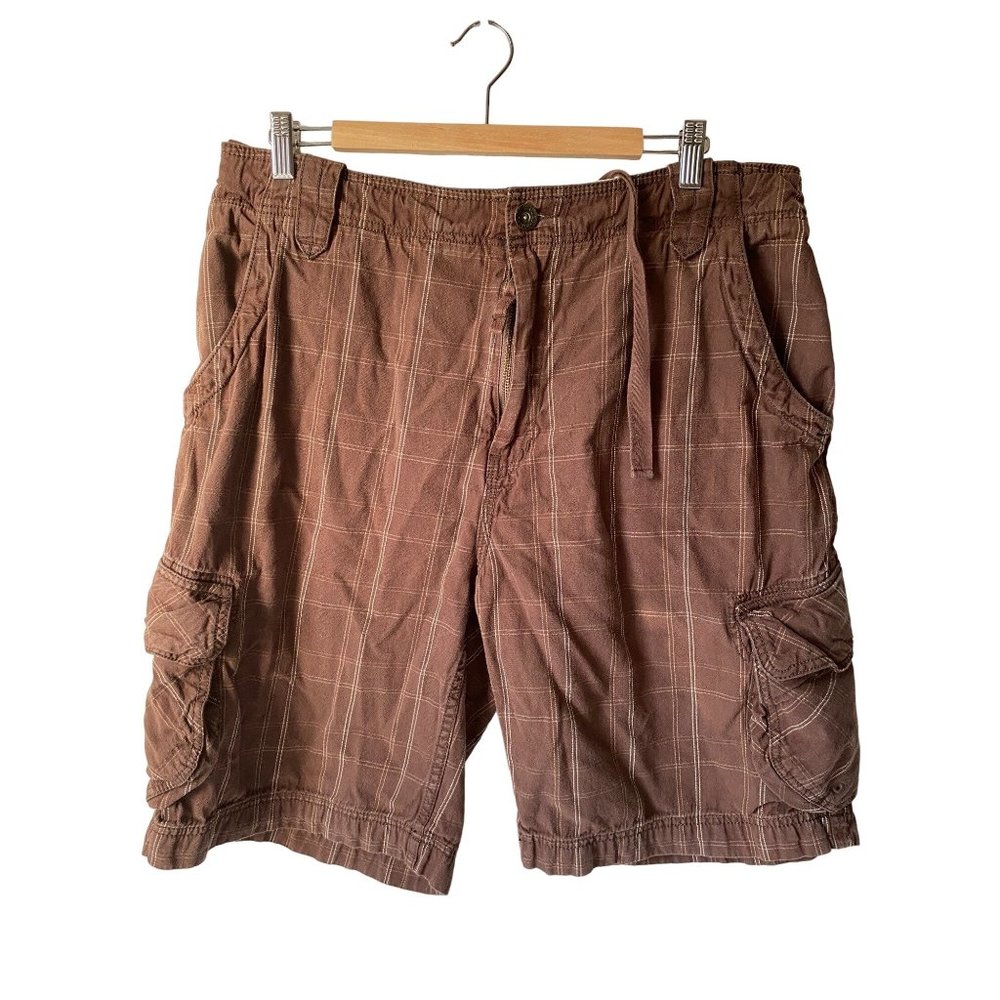 Life is Good brown cargo shorts check print 100% cotton drawstring 36"men‎ L
